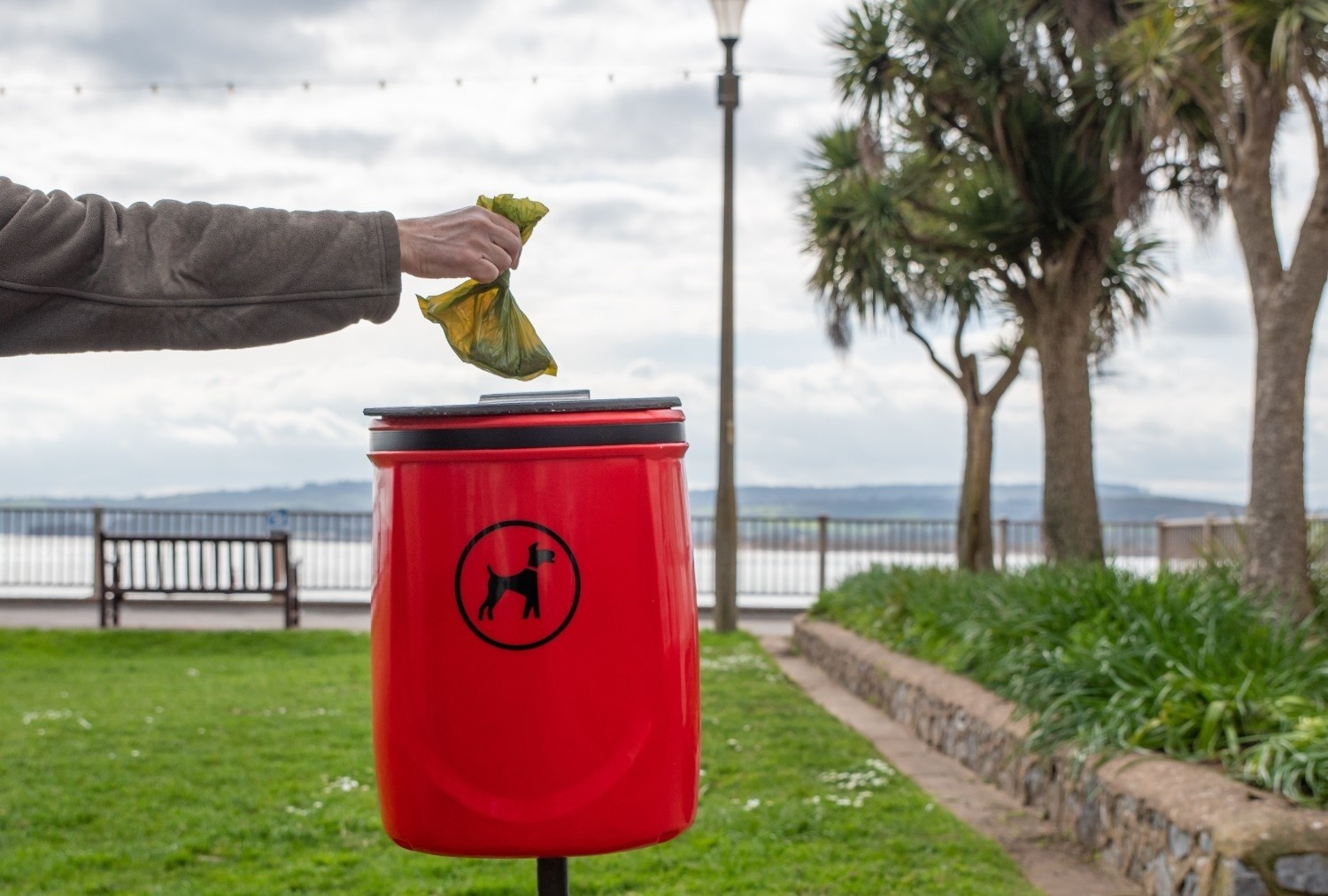 Oseba meče vrečko s pasjimi drekci v primeren koš
