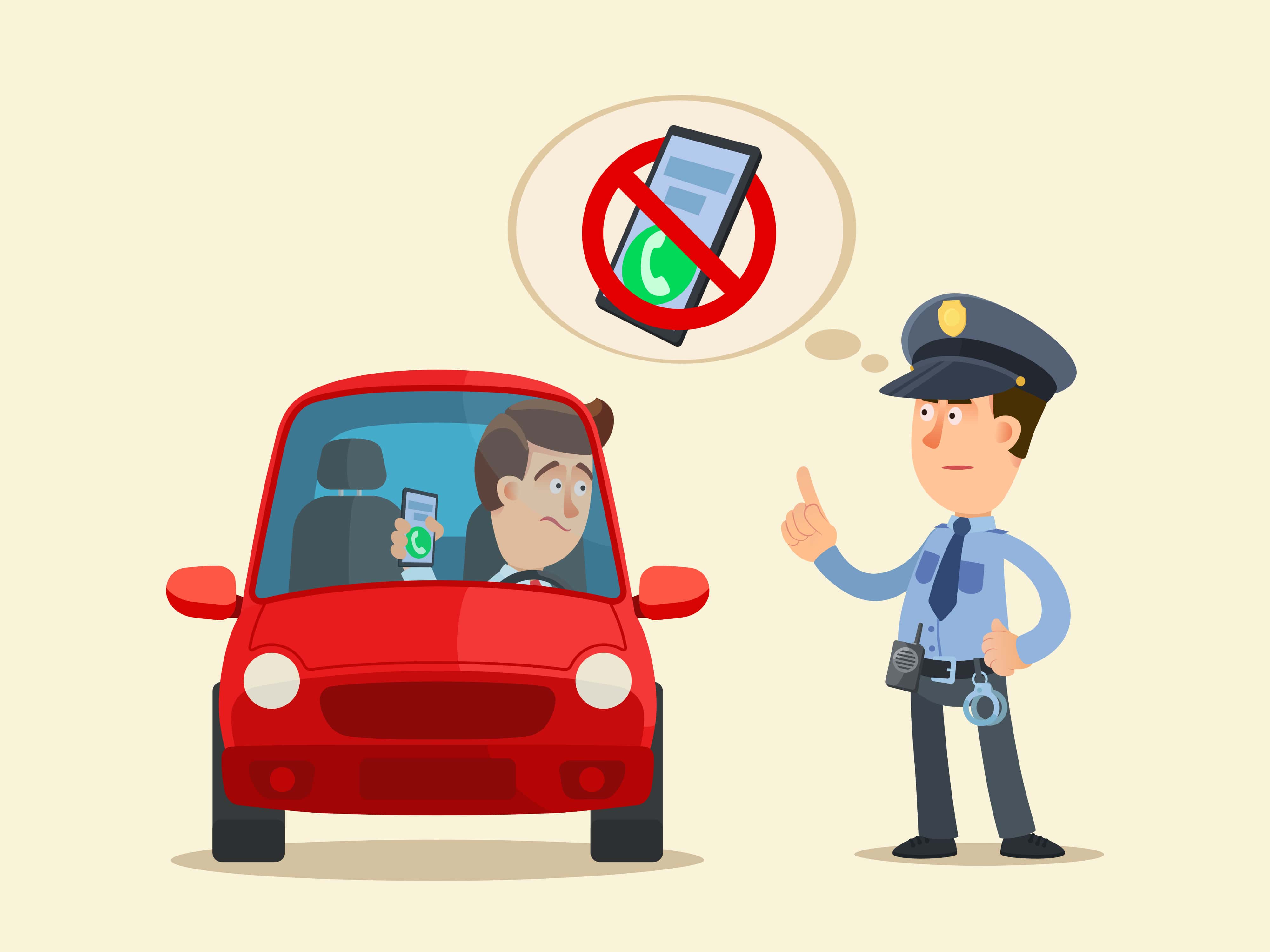 Narisan policaj opozarja voznika, da ne sme uporabljati telefona pri vožnji